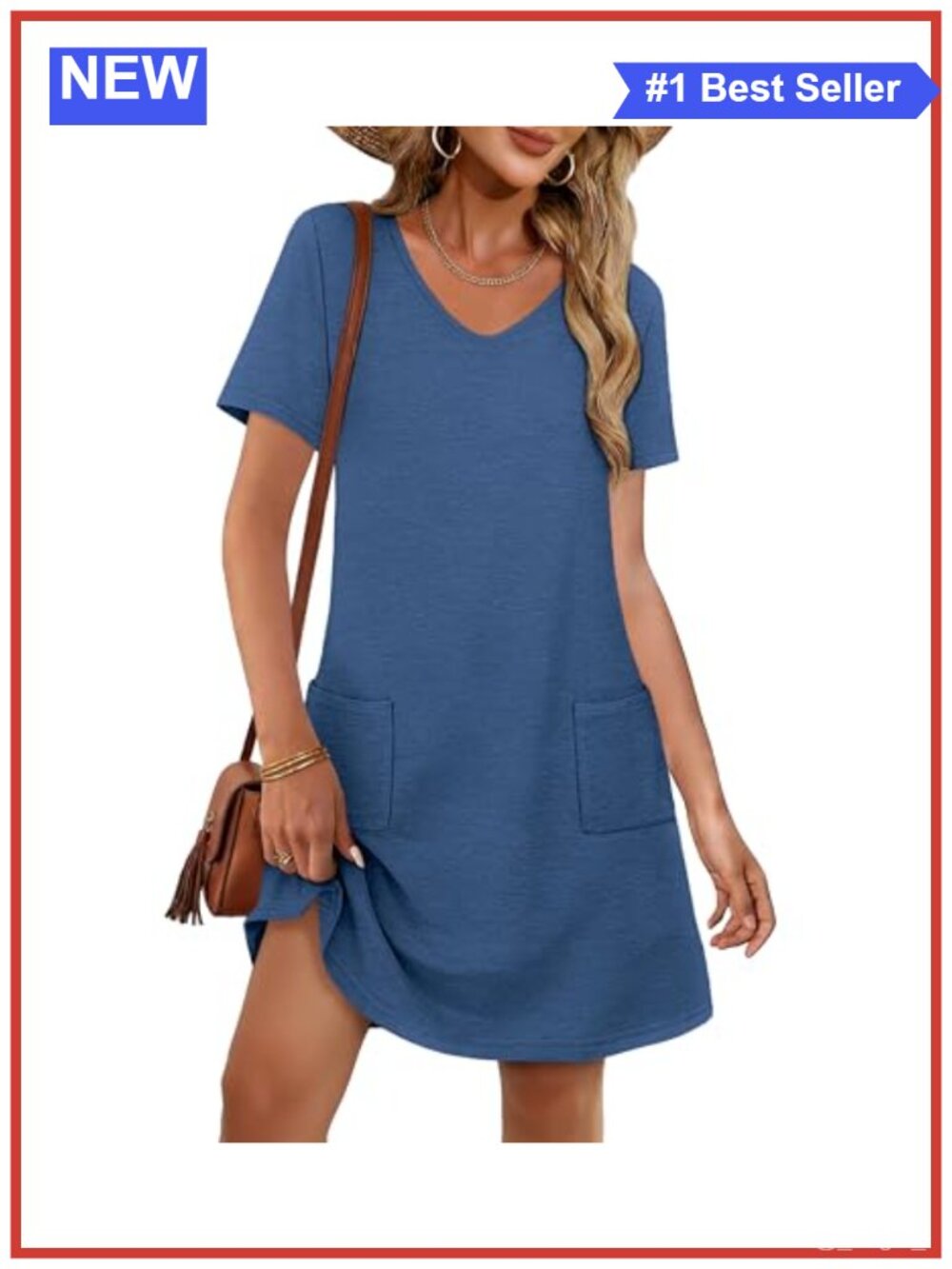 Women's V Neck Short Sleeve T Shirt Sundress with Pockets Casual Summer Dress